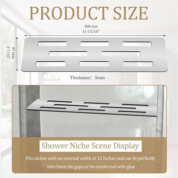 12 Inch Shower Niche Shelf Brushed 316 Stainless Steel Finish Tile Insert | Rectangular Shelf for 12 Inch Tile Prefabricated Niches, Fits 1/8 Inch Grout Lines, Shower Niche Insert Brushed 316 Stainless