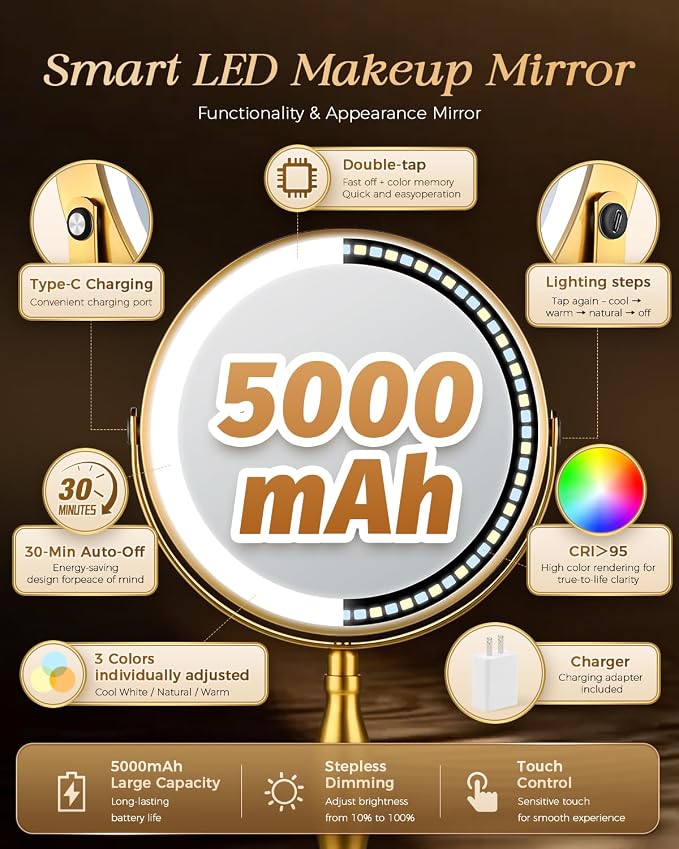 30X/1X Makeup Mirror with Lights, 8" Double Sided Vanity Mirror with Lights | 3 Color Modes & Dimmable, 5000mAh Rechargeable, Side Touch + Side Charging, 360° Rotation Tabletop Mirror, Brushed Gold