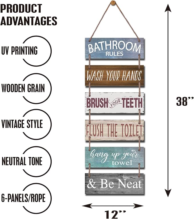 Yudarte Large Bathroom Rules Wall Hanging Sign with Jute - 6pcs Wooden Decor Wall Art Plaque for Toilet Restroom 38x12 Inches