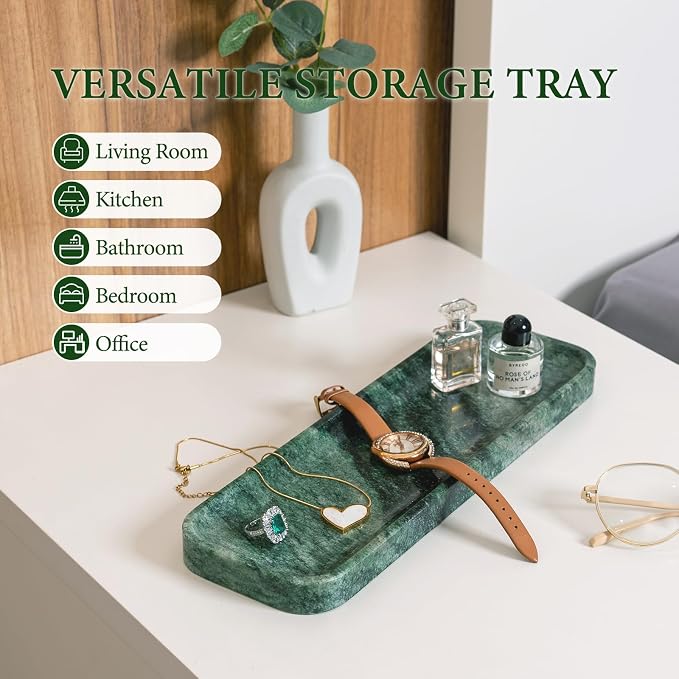 Marble Tray for Bathroom Sink, 12"x4" Natural Stone Vanity Tray for Kitchen Dresser Countertop, Rectangular Decorative Marble Tray for Jewelry Perfume Trinket(Green)
