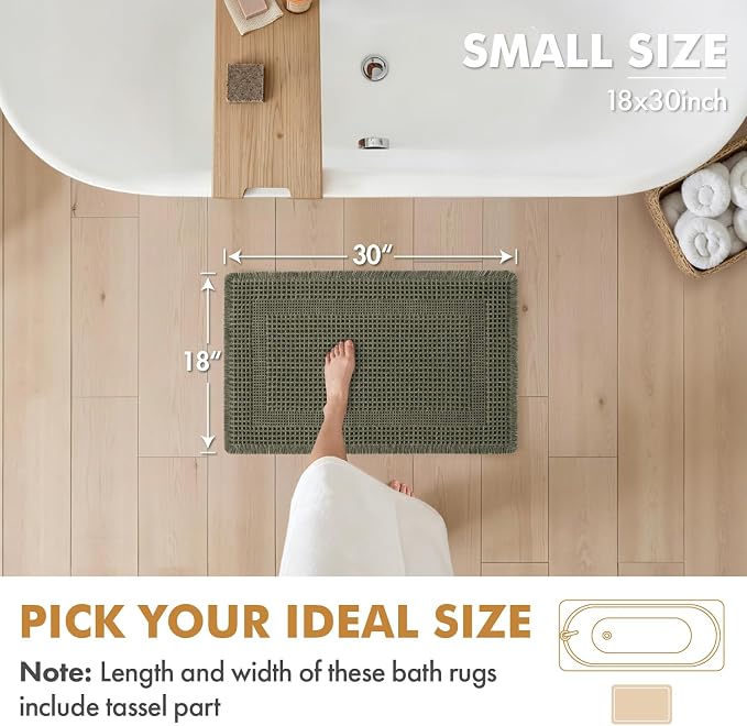 MIULEE Set of 2 Waffle Bathroom Rugs Green Boho Bath Mat 18x30 in | Looped Design, Super Absorbent, Non Slip, Washable, Ultra Soft, Rubber Backed, Bathroom Mats for Floor Tub Shower