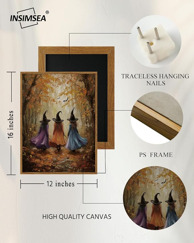 InSimSea Framed Canvas Wall Art, Fall Witch Picture, Vintage Halloween Decor for Living Bedroom Hallway Entryway Fireplace, Autumn Forest Decor, 12x16 Inch