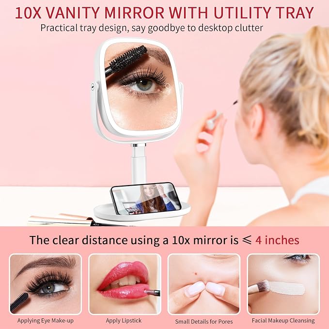 Vanmirr Lighted Makeup Mirror, Height-Adjustable with Magnification | 1x/10x Magnifying Mirror,Rechargeable Vanity Mirror with 3 Color Lights,Double Sided 360°Rotation,Memory Function