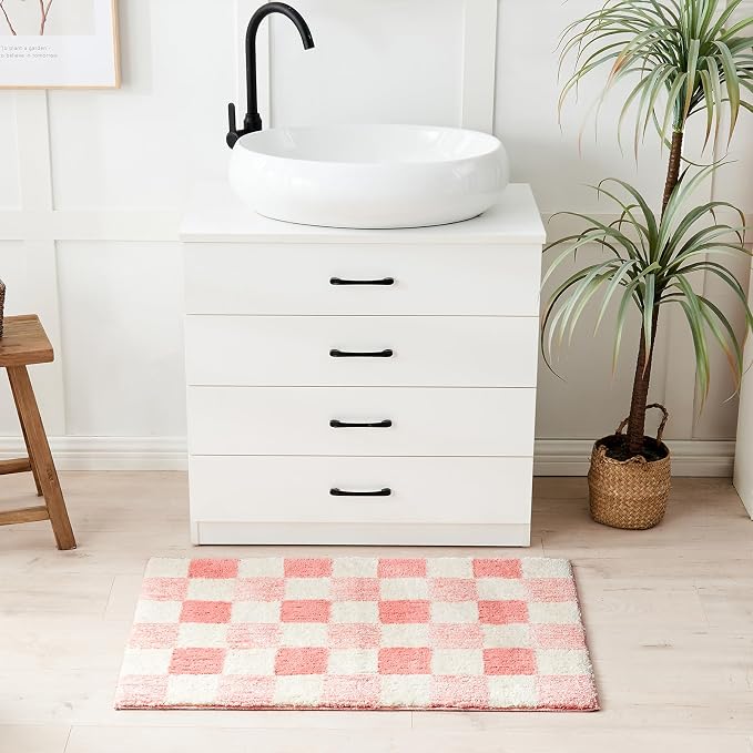 CozeCube Blossom Pink Checkered Bath Mat 32"x20" Non Slip Washable Rug | For Bathroom Non Slip, Fluffy Absorbent Microfiber Bath Mats Machine Wash, Stylish Cute Aesthetic Bathroom Rugs