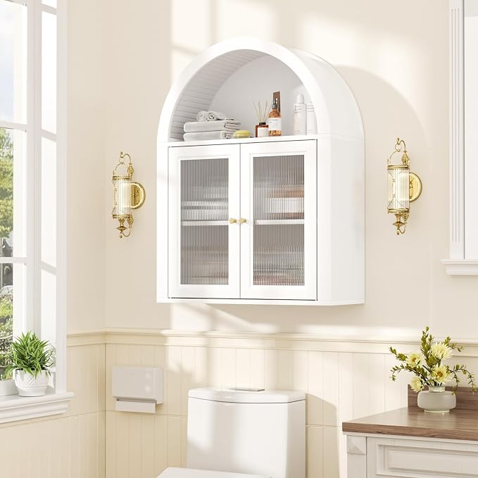 Medicine Cabinet with Arched Top, Bathroom Wall Cabinet Over Toilet with Wave Pattern Acrylic Doors and Removable Shelf, Roman Style Small Wall Cabinets for Kitchen, Living room, Laundry Room, White