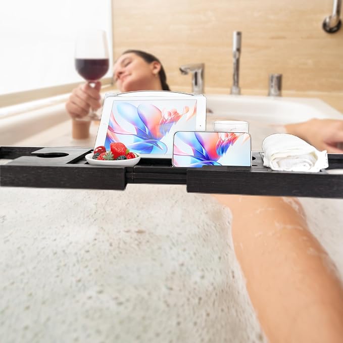 Utoplike Bamboo Bathtub Tray Caddy, Black Bath Tray Table for Tub | Adjustable Bathroom Organizer for Tub with Book Tablet, Wine Glass Cup, Towel Holder