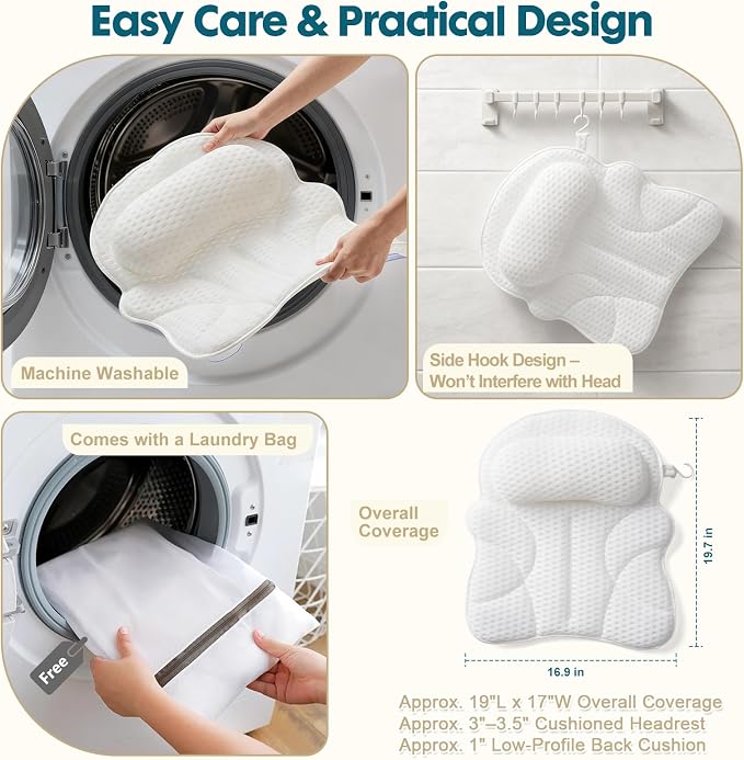 Bath Pillows for Tub, Bathtub Pillow for Head & Neck, Spine-Line Groove | Extended Wings | Spine-Line Groove | Extra Thick Headrest | Quick-Dry 4D Air Mesh | 6 Non-Slip Suction Cups | Laundry Bag
