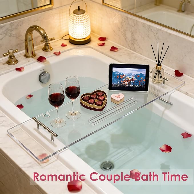 Bathtub Tray, Bath Tray for Tub, Acrylic Bath Caddy Tray for Bathtub, for Tub Luxury Spa with Tablet Slots and Wine Glass Hole, Bathroom Accessories for Decorative Bathtubs (39.4 * 9.45in)