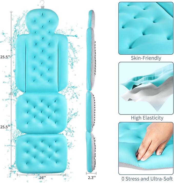Luxury Bath Cushion, Full Body Bathtub Pillow with 160 Suction Cups, Bath Mat for Head and Neck Support, with Laundry Bag (Blue, 51" x 16")