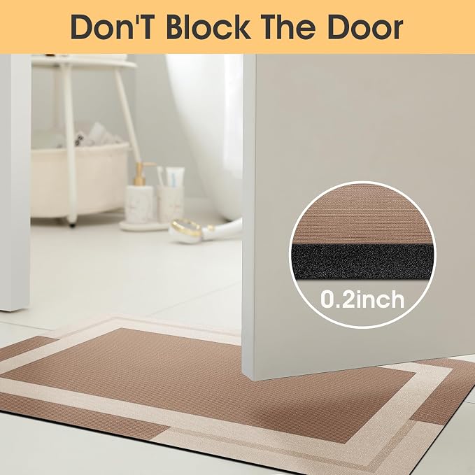 Non Slip Bath Mat, Thin Bathroom Rugs Fit Under Door, Quick Dry Bath Mats, Machine Washable Bath Rugs for Bathroom, Bathtub & Kitchen, Bathtub, Light Brown/Bordered/36 x24