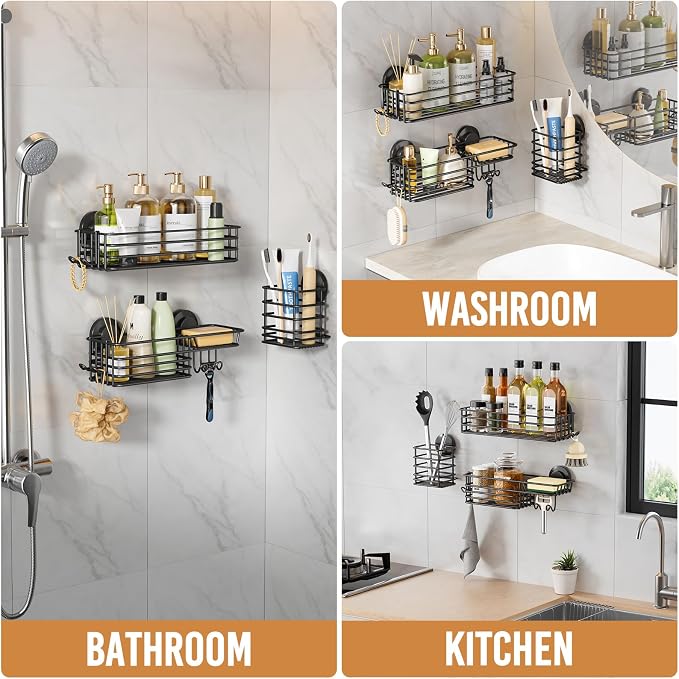Shower Caddy Suction Cup, 3 Pack Heavy Duty Bathroom Organizer | Black bathroom Holder, Shower Caddy with Hooks & Soap holder, Removable Shower Storage