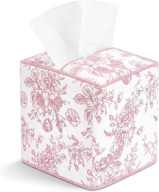 Pink Fabric Tissue Box Cover Floral Print Cotton Tissue Box Decorative Square Napkin Holder Vintage Cottagecore Home Decor for Bathroom Bedroom Vanity Countertop Home Office Kitchen
