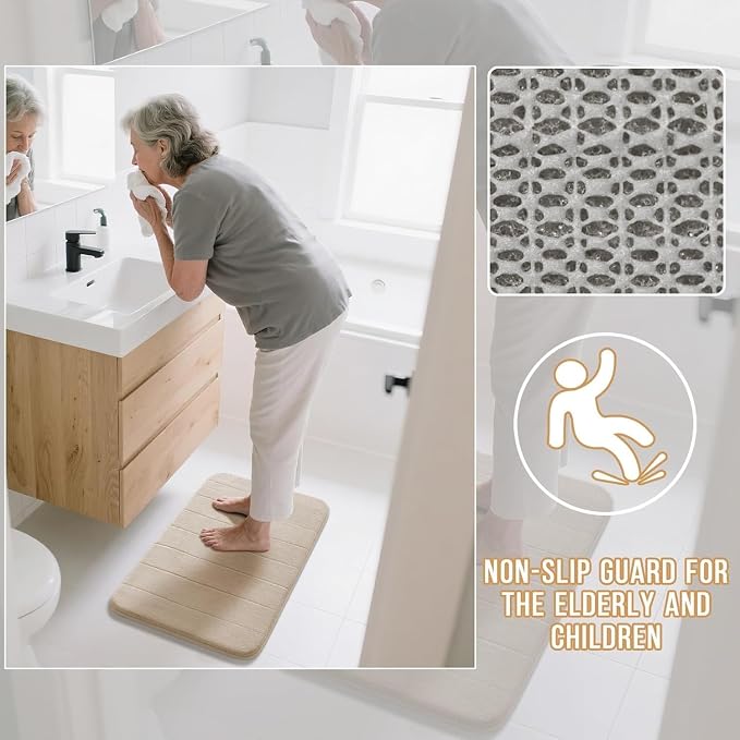 Yimobra Memory Foam Bath Mat Set 3 Pieces- Super Soft Absorbent Quick Dry Bathroom Rug Sets, Machine Washable Non Slip Floor Carpet for Tub Shower, Vanity & Toilet Base, Beige