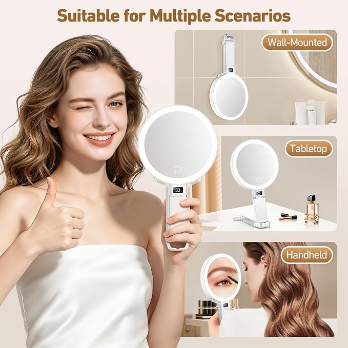 30X Travel Magnifying Mirror with Light, Height Adjustable Vanity Mirror with Phone Holder Stand, Portable Compact Handheld Makeup Mirror with Smart Display for Travel, Daily Makeup Use, White