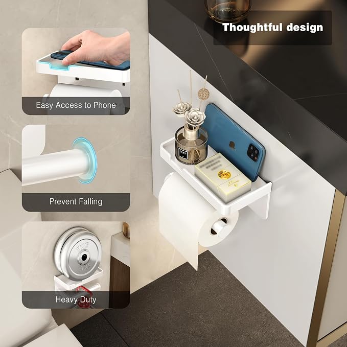 VOLDRA Toilet Paper Holder with Phone Shelf, Self-Adhesive or Screw Toilet Tissue Roll Holder Wall Mount, Rustproof & Multifunctional Bathroom Toilet Paper Holder Storage Dispenser(White)