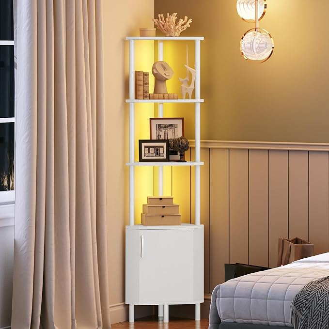 HOOBRO Corner Cabinet with LED Light, Corner Shelf Stand with Storage and Doors, 5-Tier Industrial Corner Bookshelf, 59” Tall Display Rack Shelf, for Living Room, Kitchen, White WT147DCJ01