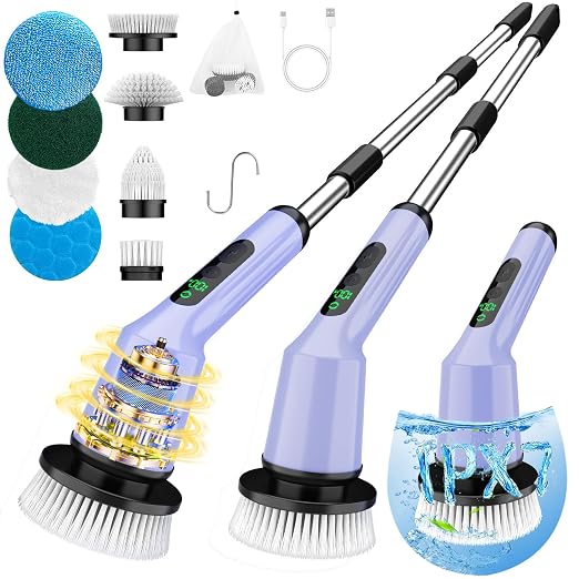 Electric Spin Scrubber for Bathroom, Shower Scrubber with Long Handle | Shower Cleaner Brushes, IPX7 Waterproof & 2 Speed, 8 Brush Heads, 90min Runtime, Bathroom Cleaning Supplies for Toilet Tub