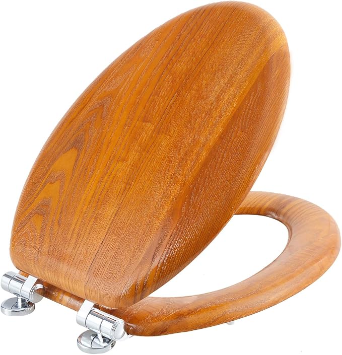 Angel Shield Elongated Toilet Seat Wood Veneer Natural Soft Close | Quick Release Metal Hinges, Adjustable Fit for Standard Elongated Toilets, Easy to Install&Clean