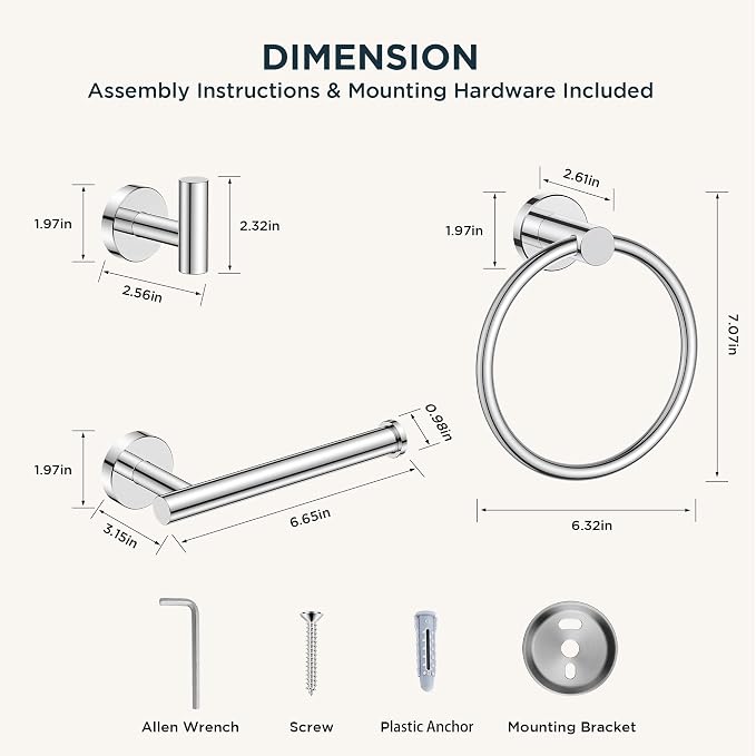 FORIOUS Bathroom Accessories Set, 4-Piece Bathroom Hardware Set | Chrome | SUS304 Stainless Steel Towel Ring, 2 Towel Hooks, and Toilet Paper Holder Wall Mounted
