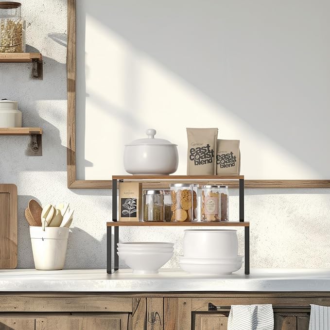 NEX Cabinet Organizer Shelf, Kitchen Counter Shelves Set of 4 | Stackable & Expandable Spice Rack, Space-Saving Pantry Organizers Bathroom Countertop Storage, Black and Rustic Brown