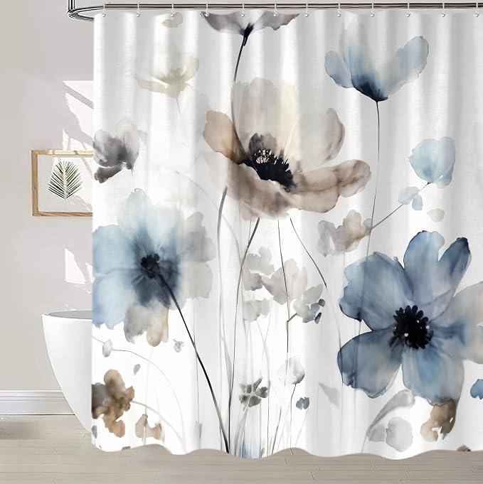 Sanzugh Boho Floral Shower Curtain, Cream Tan Beige Blue Grey White Watercolor Flower Fabric Shower Curtains Set for Bathroom Decoration with Hooks 60 X 72 inch Cute Farmhouse Bath Decor