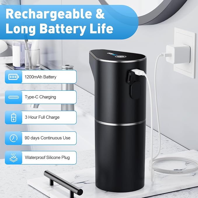 Fantictas Automatic Liquid Soap Dispenser, 3 Levels for Kitchen and Bath | For Hand and Dish Soap, Responsive Sensor, Type-C Charging, 90-day Use, Wall Mountable, IPX5 Waterproof, 350ML, Black Gel