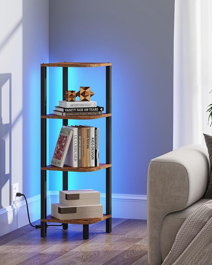 TUTOTAK Corner Shelf, 4-Tier Corner Bookshelf for Small Space | Narrow Display Corner Shelf Stand with Storage Rack, for Living Room, Bedroom, Rustic Brown BS08BB004L