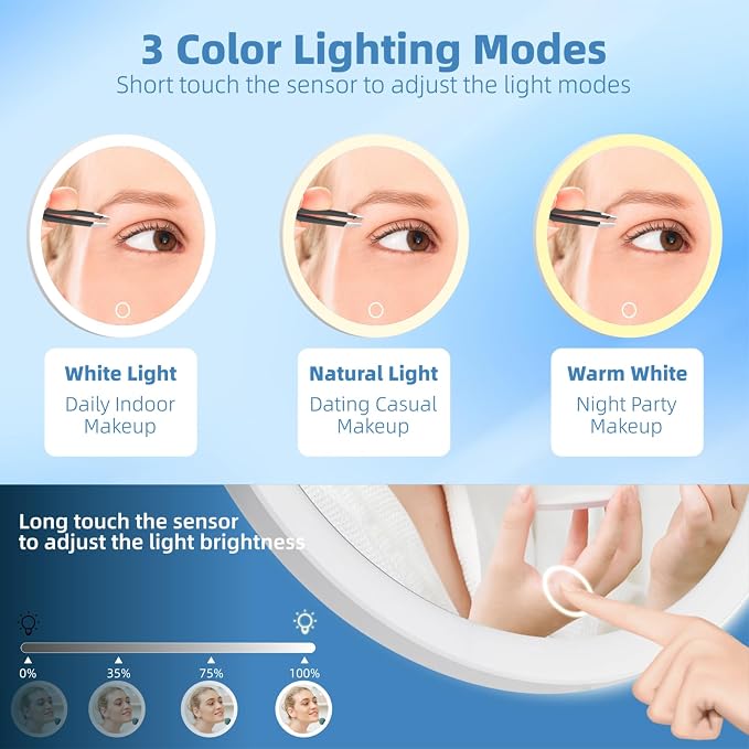 10X Magnifying Mirror with Lights, 10X Magnified Mirror with 3 Suction Cups | 6inch Travel Size, Rechargeable Magnification Mirror with 3 Color Lights Adjustable Brightness - Includes Tweezers & Scissors