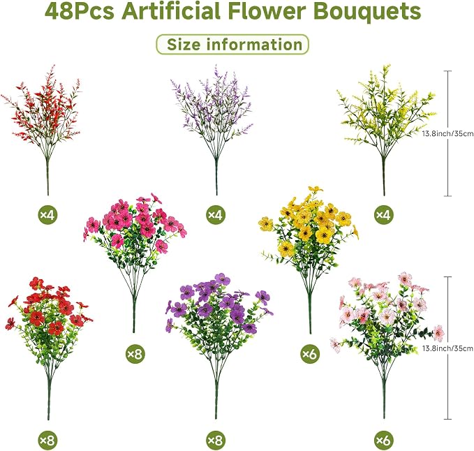 SHareconn 48 Bundles Artificial Flowers for Outdoors UV Resistant Decor | Realistic Silk Violet Lavender, UV Resistant Fake Flowers, Ideal Spring Decor for Patio Porch, Yard Planter & Home, 5 Colors