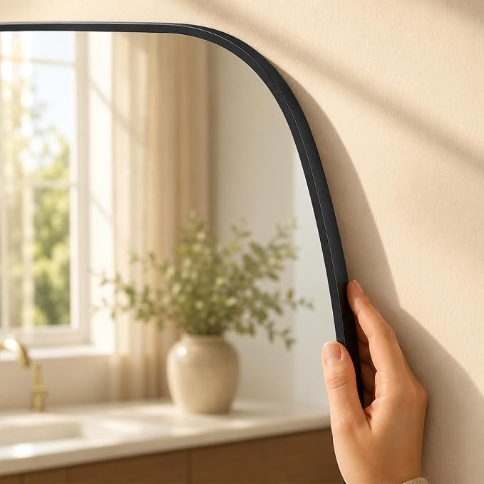 Matte Black Capsule Bathroom Mirror, 24x36 Inch | Aluminum alloy frame, pill-shaped design, tempered glass, two-way mount for dresser and console