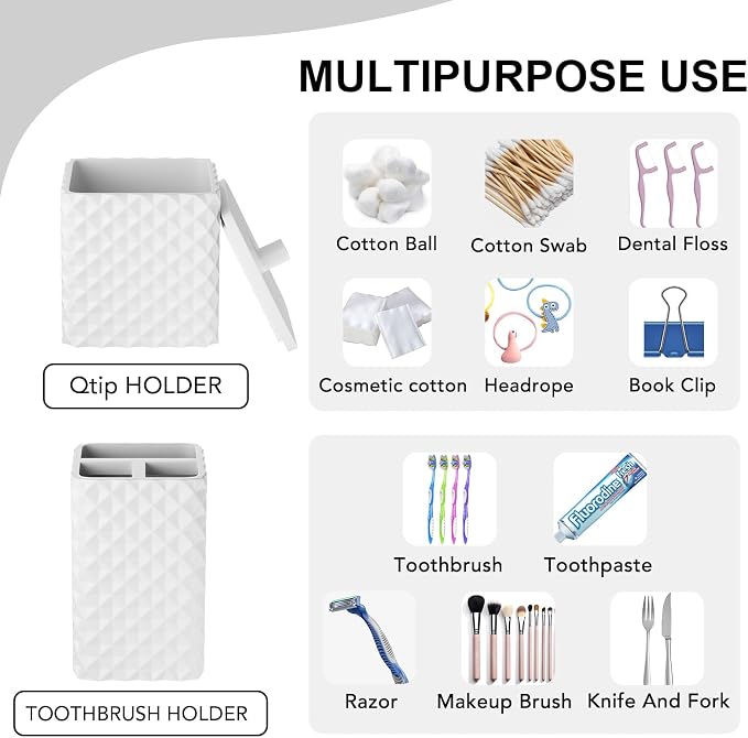Bathroom Accessories Set Resin 6PCS, Square Toothbrush Holders Set Complete with Soap Dispenser, Vanity Tray, Tumbler, Cups and Cotton Swab Jars (White Diamond, Resin Bath 6 PCS)
