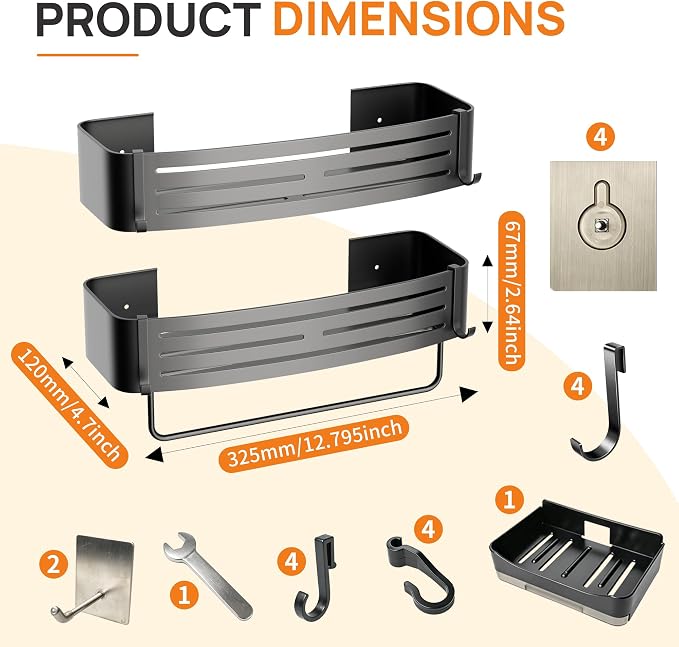 Gun Grey Adhesive Square Shower Caddy with Towel Bar, Soap Dish and Hooks | No-drill gun grey shower basket with towel bar, soap dish and hooks for smooth tile, glass and stainless steel bathroom walls
