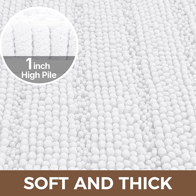 Bcoimo Bath Rug Mat,White Chenille High Absorbent Long Bathroom Runner Rugs | Non Slip with Rubber Backing Bathroom Floor Mat;High Absorbent And Quick Drying 48x30 Microfiber mats; Machine Washable Mats