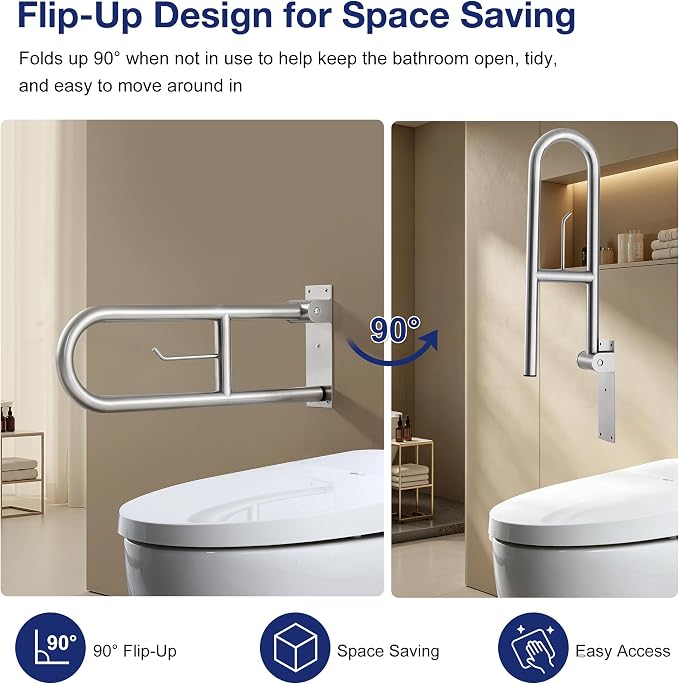 24 Inch Toilet Grab Bar with Paper Holder, Flip Up Handrail | Brushed 304 Stainless Steel | Wall mount | 1.25 inch grip | Space saving fold up design | Template & hardware included
