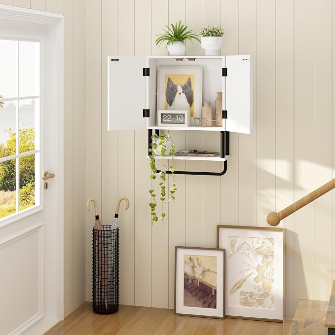 RUSTOWN Fluted Bathroom Wall Cabinet with 2 Doors, 3-Tier Medicine Cabinet | Modern Farmhouse Wall Mounted Cabinets, Over The Toilet Storage Cabinet, Adjustable Shelf and Towel Bar, Small