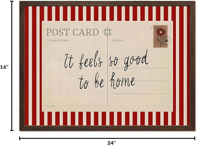 Vintage It Feels so Good to be Home Wall Art Mid Century Positive Quote Postcard Decor Picture, Trendy It's so Good to be Home Striped Poster Canvas Print 16x24 inch Walnut Wood Framed