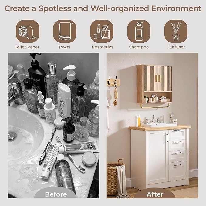 Bathroom Wall Cabinet, Medicine Cabinet with Fluted Door & Adjustable Shelf | Over The Toilet Storage Cabinet with Towel Bar, Space-Saving Cabinet Wall Mount for Laundry Room, Kitchen, Living Room