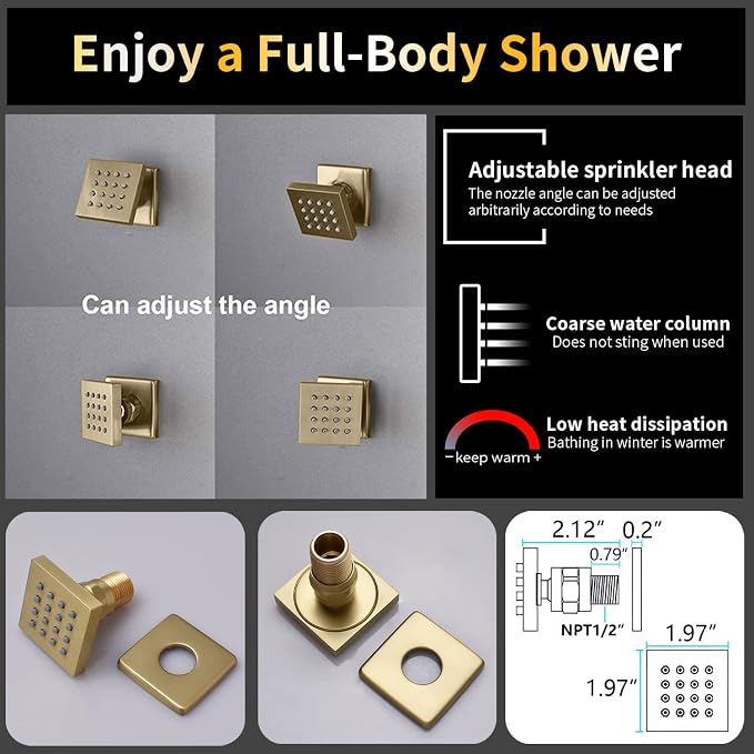 AYIVG Brushed Gold 4 Function Dual Shower Heads System Multi Functions 16 X 26 Inch Rainfall and 8 Inch Wall Mount with 6 Jets Full Body Shower System Set with Handheld shower head