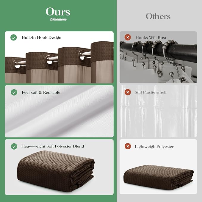 Brown Hook Free Waffle Shower Curtain & Snap-in Fabric Liner,72x75 | Less Time to install, 3 in 1 Fabric Shower Curtain and Liner Set with Magnets, Mesh Top Window, Shower Curtains for Bathroom