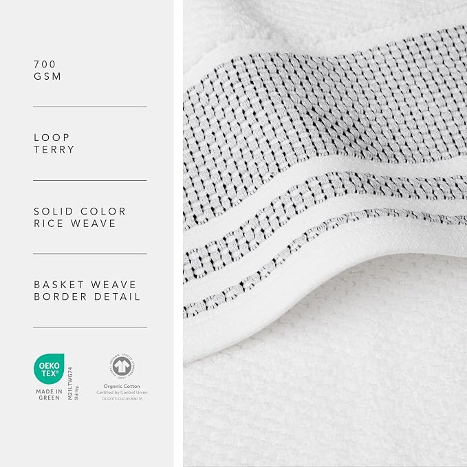 Texere 100% Organic Cotton Rice Weave Jacquard 700 GSM Luxury Bath Towel Sets - 4 Large Bath Towels (Rice Weave, BRT Wht w/Blk, 4 Bath Towels)