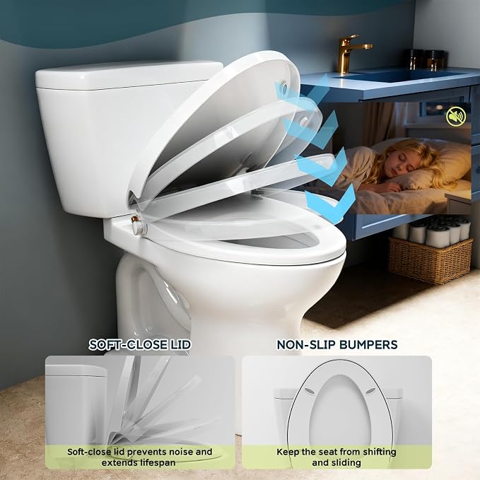 Elongated Bidet Toilet Seat with Soft-Close Lid, Self-Cleaning Dual Nozzles, Non-Electric Bidet Seat with Adjustable Water Pressure, White Toilet Seat for Elongated Toilets with Brass