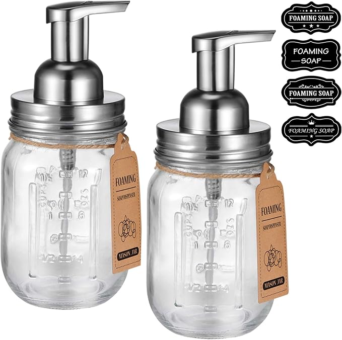Amolliar Mason Jar Foaming Soap Dispenser Glass Soap(Brushed Nickel 2 Pack) | Refillable Hand Soap Dispenser for Kitchen, Foam Soap Dispenser Countertop, Farmhouse Decor, Shampoo, Bathroom Soap Dispenser