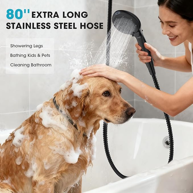 Filtered Shower Head with Handheld, High Pressure 8 Sprays, Black | 80" Long Stainless Hose, Built-in Power Wash, Water Softener Filter Beads for Hard Water - Remove Chlorine, Reduce Dry Skin