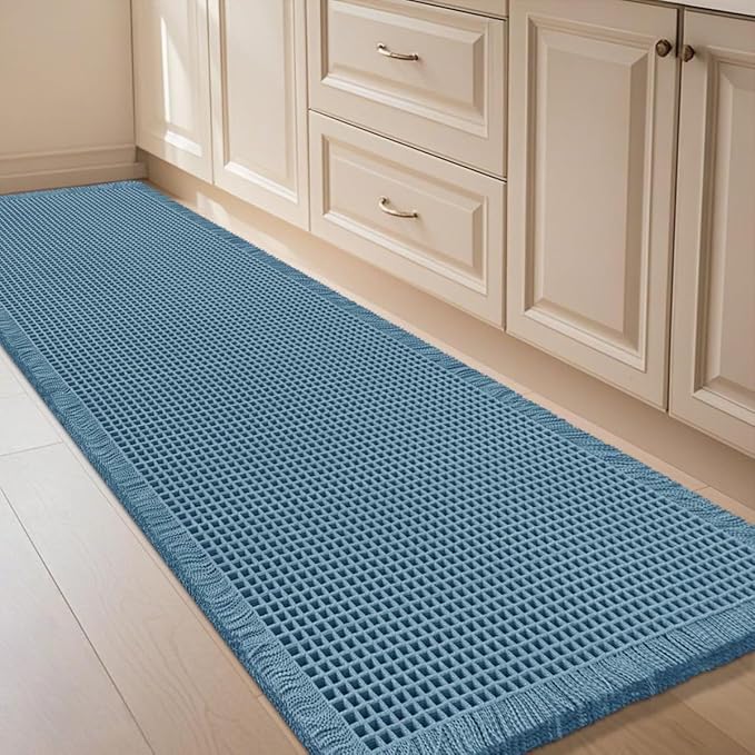Extra Large Waffle Bath Mat Blue 6'x2'(72" x 24"), Boho Woven Modern Bath Mat Rugs, Absorbent Non Slip Bathroom Rugs, Soft Washable Bath Rugs with Tassels for Bedroom, Kitchen, Shower, Tub