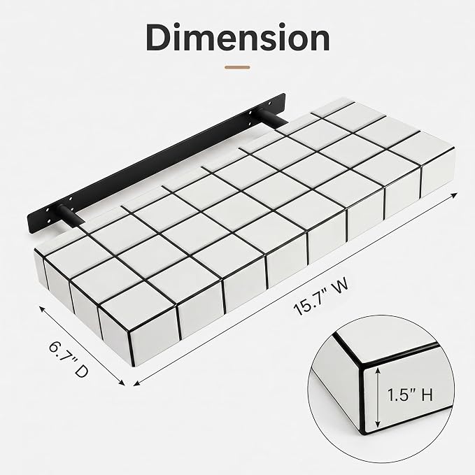 Floating Shelves, Set of 2, White with Black Lines | 15.7"W x 6.7"D x 1.5"H, set of 2, 25 lbs per shelf, 3D tile texture, splash-resistant, ~30 min assembly.