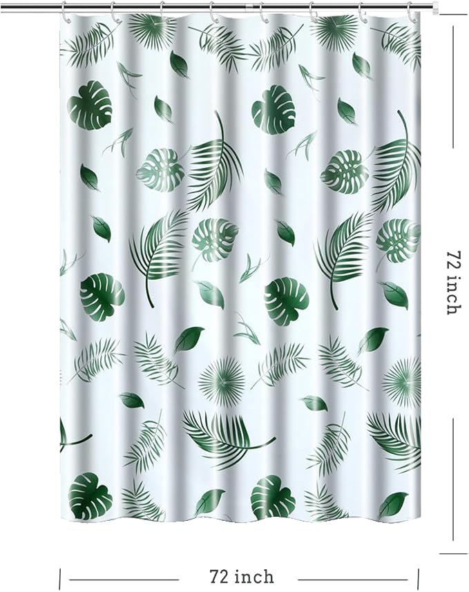 TIKABC Shower Curtain Liner, 4G PEVA Green Leaf Shower Liner, Plastic Waterproof Shower Curtains, 72x72 inch with Grommet Holes 3 Magnetic Weights