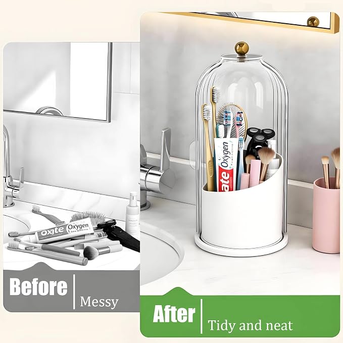 JEESA Dustproof Toothbrush Holder with Cover, Transparent/White | 360° Rotating, 180° Sliding Lid, 3 Slots, Toothbrush Organizer, for Bathroom Countertop