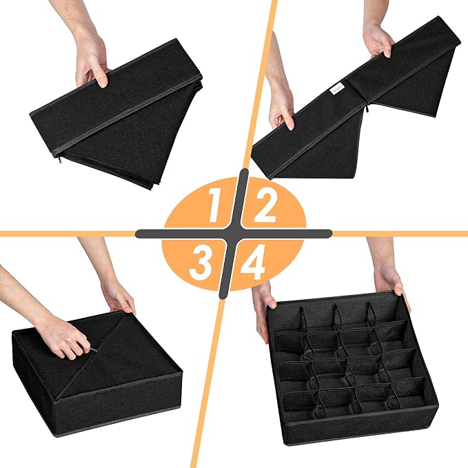 3 Pack Sock Underwear Organizer Dividers, 64 Cell Fabric Foldable Cabinet Closet Organizers and Storage Boxes for Storing Socks, Underwear, Ties (16+24+24 Cell, Black)