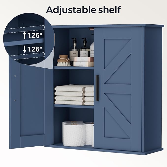 Homleke Bathroom Wall Cabinet, Medicine Cabinet with Adjustable Shelves | 3-Tier Wall Mounted Over Toilet Storage with Barn Doors, for Bathroom, Kitchen, Entryway, Laundry Room, Blue, (7.9" D)