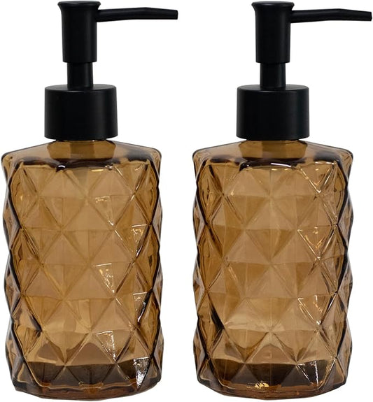 YYTSGG Brown Glass Soap Dispenser with Black Plastic Pump, 12oz, 2 Pack | Refillable Liquid Hand Soap Dispenser, Crystal Lotion Bottle for Modern Home Decor, Bathroom, Kitchen Countertop, Hotel